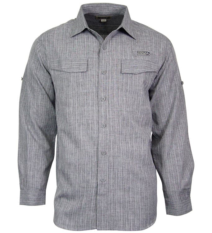 Men's gray long sleeve fishing shirt with front chest pockets and vented back design