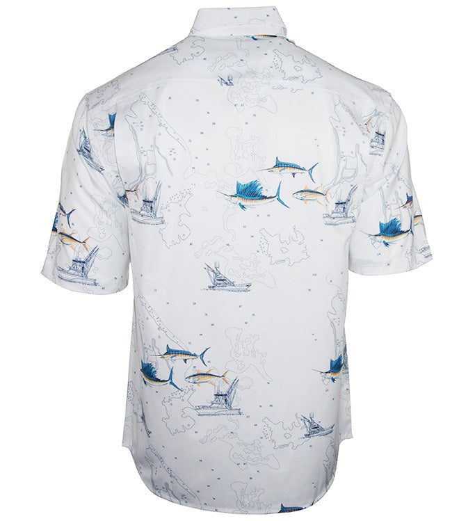 Men's White Marine Chart Print Vented Short Sleeve Fishing Shirt - Image 3