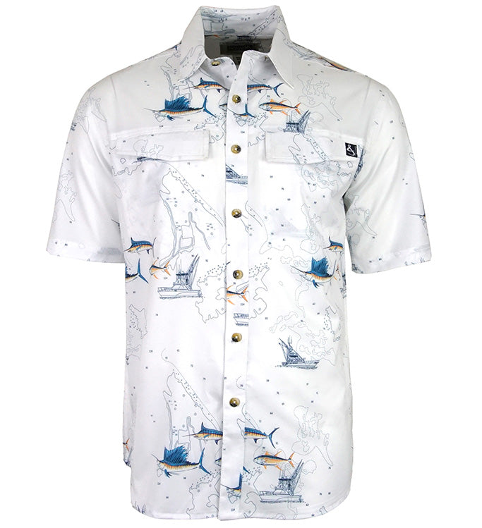 A man wearing a white short sleeve button-down shirt with a navy blue nautical marine chart and fish print.