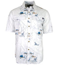 A man wearing a white short sleeve button-down shirt with a navy blue nautical marine chart and fish print.