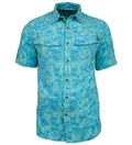 A man wearing a blue Hexa Dreams short sleeve performance fishing shirt with a button-down front and dual chest pockets.