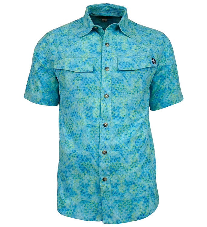 A man wearing a blue Hexa Dreams short sleeve performance fishing shirt with a button-down front and dual chest pockets.