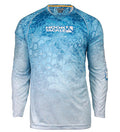 A man wearing a blue long sleeve fishing shirt with a geometric hex pattern and Hook & Tackle logo.