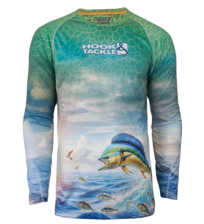 A man wearing a green and blue long-sleeve fishing shirt with a bull dolphin graphic on the front.