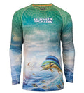 A man wearing a green and blue long-sleeve fishing shirt with a bull dolphin graphic on the front.