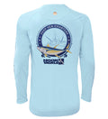 Back view of a light blue long sleeve fishing shirt with a Tuna Deep Sea Charters graphic on the back.