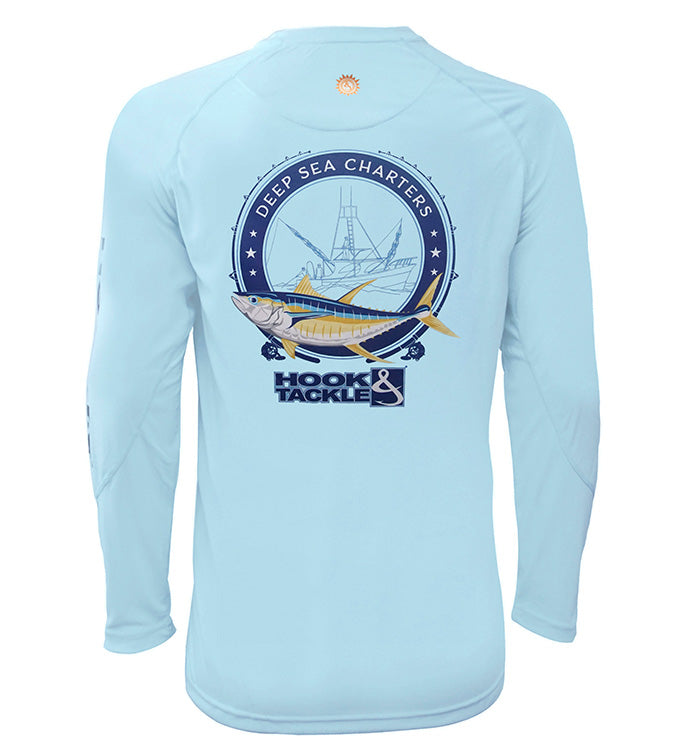 Back view of a light blue long sleeve fishing shirt with a Tuna Deep Sea Charters graphic on the back.