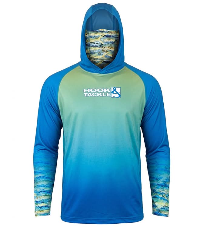 Men wearing a Mahi Camo pattern UV fishing hoodie with built-in face gaiter