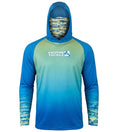 Men wearing a Mahi Camo pattern UV fishing hoodie with built-in face gaiter