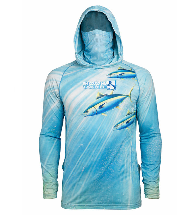 Man wearing a blue Tuna Abyss performance fishing hoodie with an integrated UV protection face gaiter.