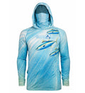 Man wearing a blue Tuna Abyss performance fishing hoodie with an integrated UV protection face gaiter.
