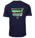 Men wearing a navy blue short-sleeve fishing t-shirt with a mahi-mahi fish graphic on the back while standing at a marina.