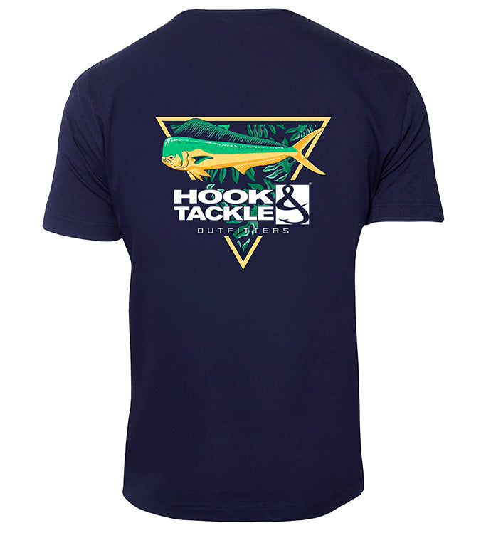 Men wearing a navy blue short-sleeve fishing t-shirt with a mahi-mahi fish graphic on the back while standing at a marina.