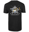 Men's graphic t-shirt in black and maroon featuring a bass fish and fishing rod print on the back.