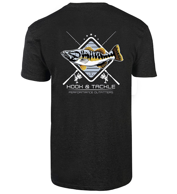Men's graphic t-shirt in black and maroon featuring a bass fish and fishing rod print on the back.