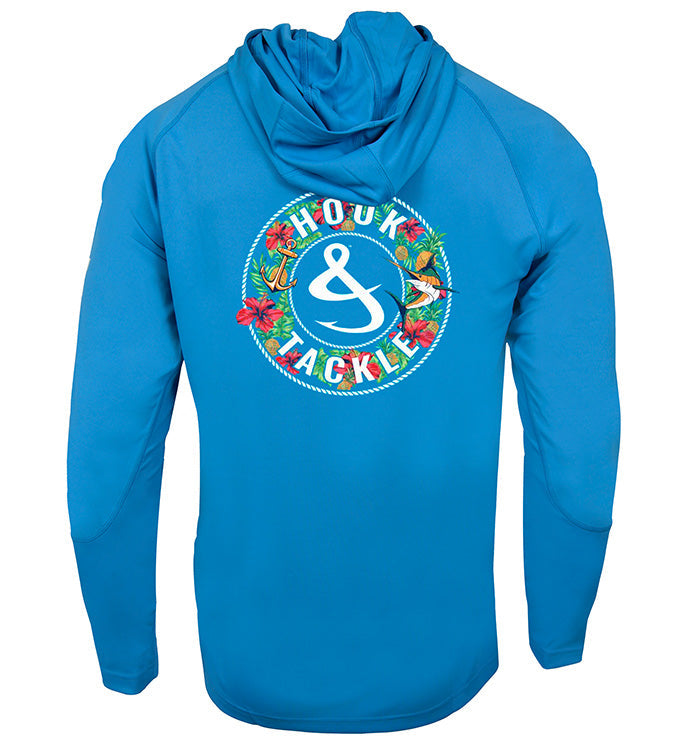 Back view of a men's blue or black long sleeve fishing hoodie with tropical graphic print and hood.
