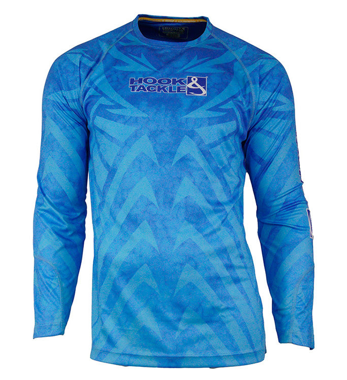 Men's blue long sleeve performance fishing shirt with geometric pattern