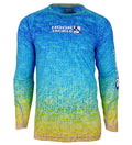 Youth Scaly Fins UV protection long sleeve fishing shirt with blue, green, and yellow gradient scale pattern.