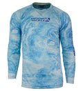 A men's long sleeve blue and white marbled pattern performance fishing shirt.