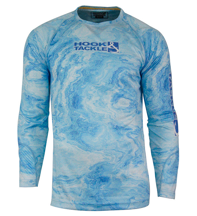 A men's long sleeve blue and white marbled pattern performance fishing shirt.
