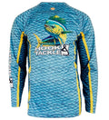 Back view of a man wearing a blue Mahi scales print long sleeve UV fishing shirt by Hook & Tackle.