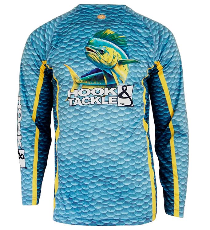 Back view of a man wearing a blue Mahi scales print long sleeve UV fishing shirt by Hook & Tackle.