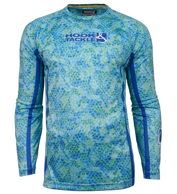 Model wearing a blue and green hexa print long sleeve UV protection fishing shirt.