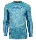 Model wearing a blue and green hexa print long sleeve UV protection fishing shirt.