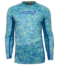 Model wearing a blue and green hexa print long sleeve UV protection fishing shirt.