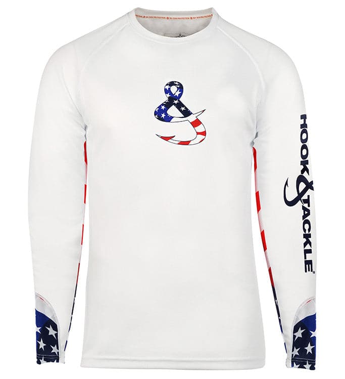 Men's white long sleeve fishing shirt with patriotic sleeve accents and large anchor logo on chest