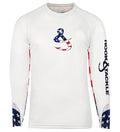 Men's white long sleeve fishing shirt with patriotic sleeve accents and large anchor logo on chest