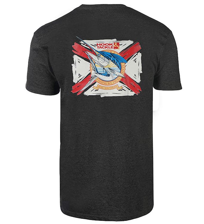 Mens grey charcoal fishing t-shirt with Florida flag and marlin graphic on back