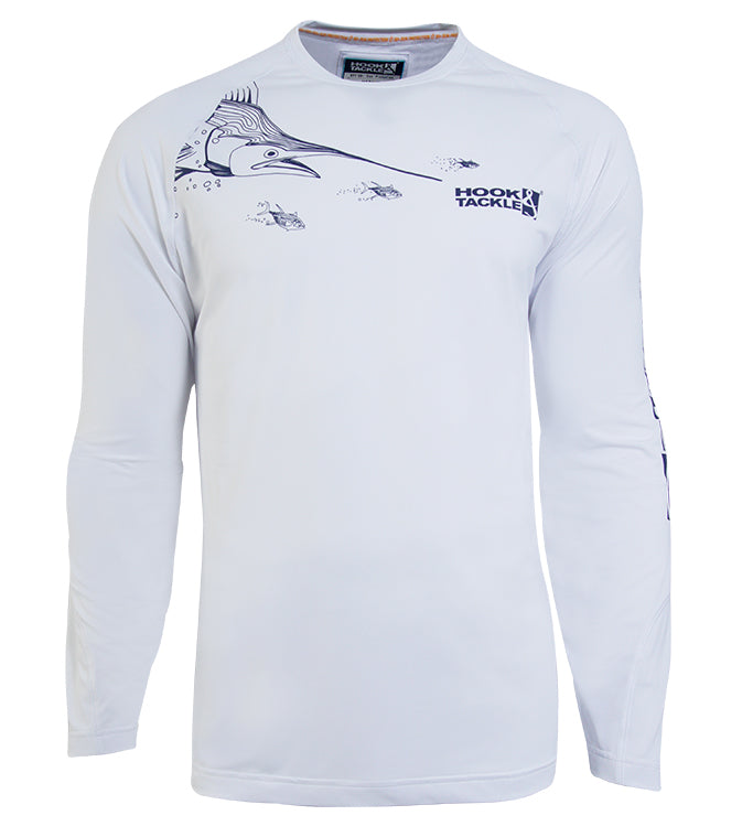 Men's white long sleeve performance fishing shirt by Hook & Tackle with marlin graphic