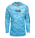 A man wearing a blue billfish camouflage long sleeve fishing hoodie with a hood, white shorts, and black sneakers.