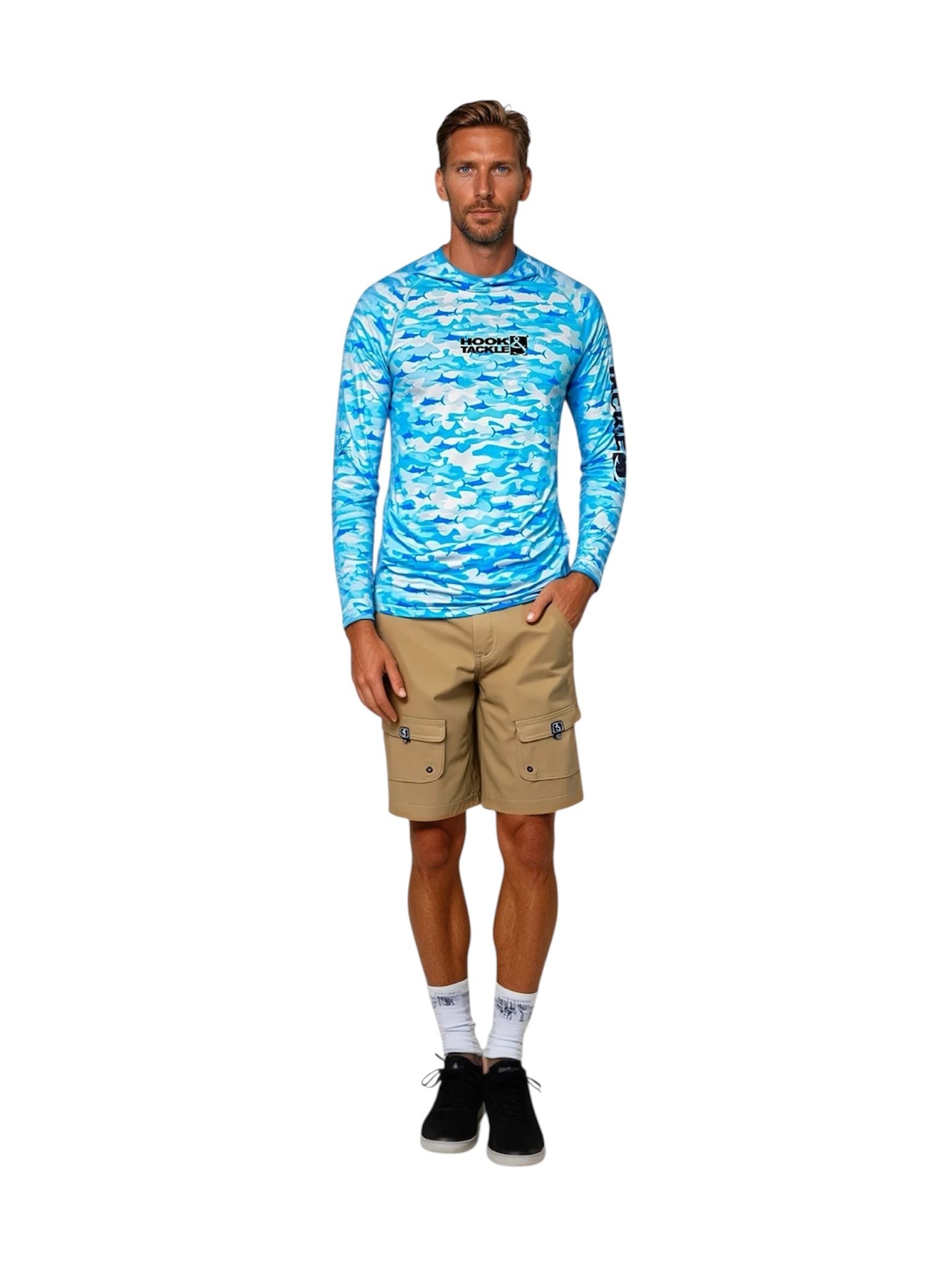 Men's Blue Billfish Camo UV Protection Long Sleeve Fishing Hoodie - Image 2