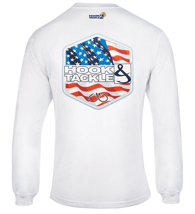 Back and front view of a white long-sleeve performance fishing t-shirt with a blue and red American flag graphic logo.