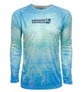 Youth long sleeve performance fishing shirt with blue scale pattern and crew neckline.
