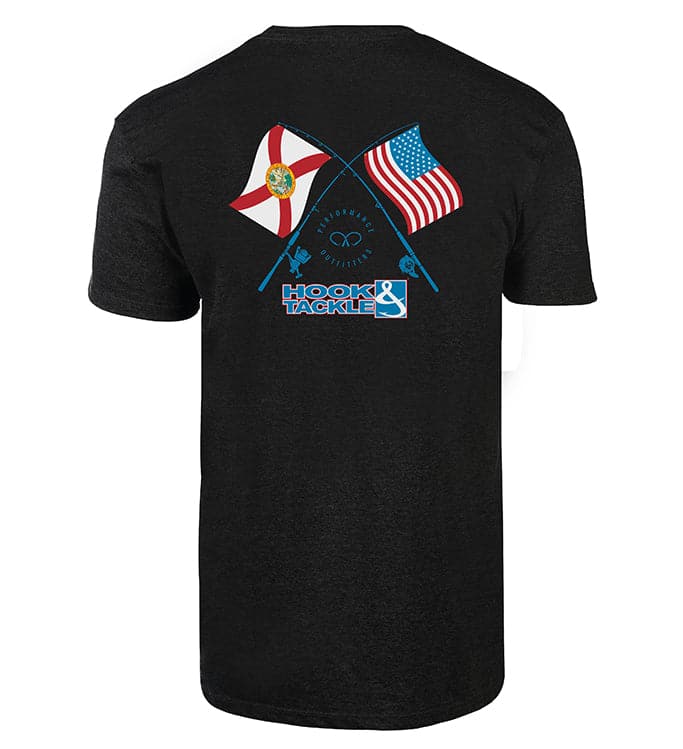 Men's Flamerica fishing t-shirt featuring crossed fishing rods with US and Florida flag design