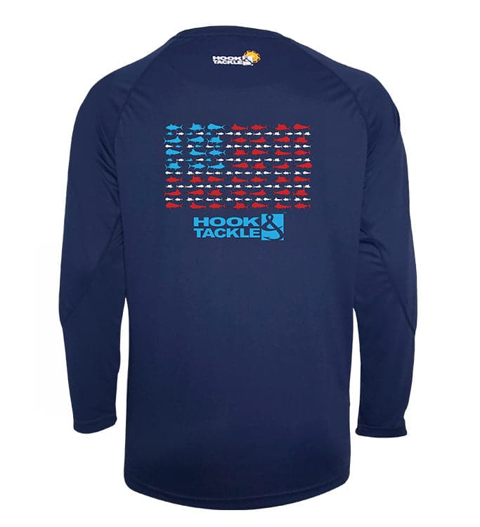 Back view of a man wearing a navy blue long sleeve fishing shirt with a fish-patterned American flag design.