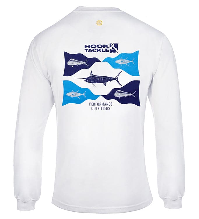Back and front views of a white men's long sleeve performance fishing shirt with fish graphics.
