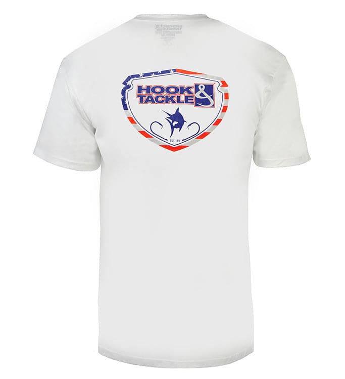 White men's t-shirt from Hook & Tackle with a marlin graphic on the back and brand logo on the front