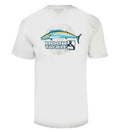 Back view of a white men's fishing t-shirt with a detailed wahoo graphic and Hook & Tackle logo, set against a white background.