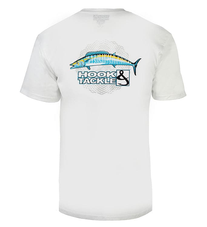 Back view of a white men's fishing t-shirt with a detailed wahoo graphic and Hook & Tackle logo, set against a white background.
