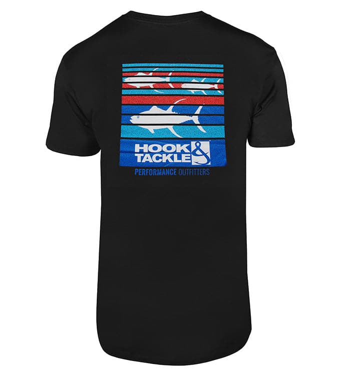 Men's black short-sleeve t-shirt with tuna graphic print on back and small logo on front chest