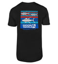 Men's black short-sleeve t-shirt with tuna graphic print on back and small logo on front chest