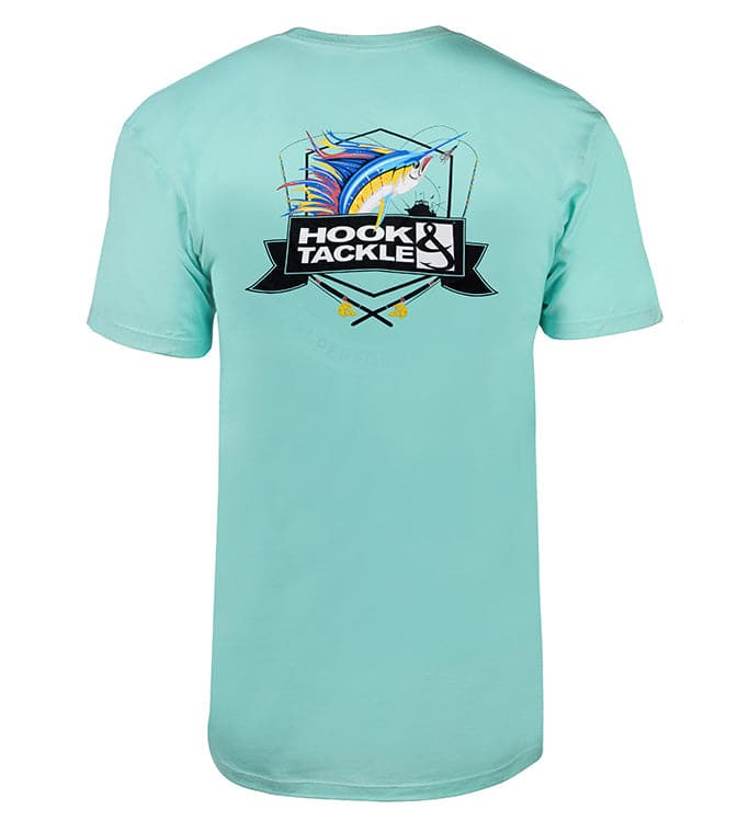 Men's light blue fishing t-shirt with sailfish graphic on the back and brand logo on the front chest.