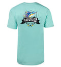Men's light blue fishing t-shirt with sailfish graphic on the back and brand logo on the front chest.