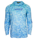 A light blue long-sleeve performance fishing hoodie with a fish pattern and Hook & Tackle logo on the chest and sleeve.