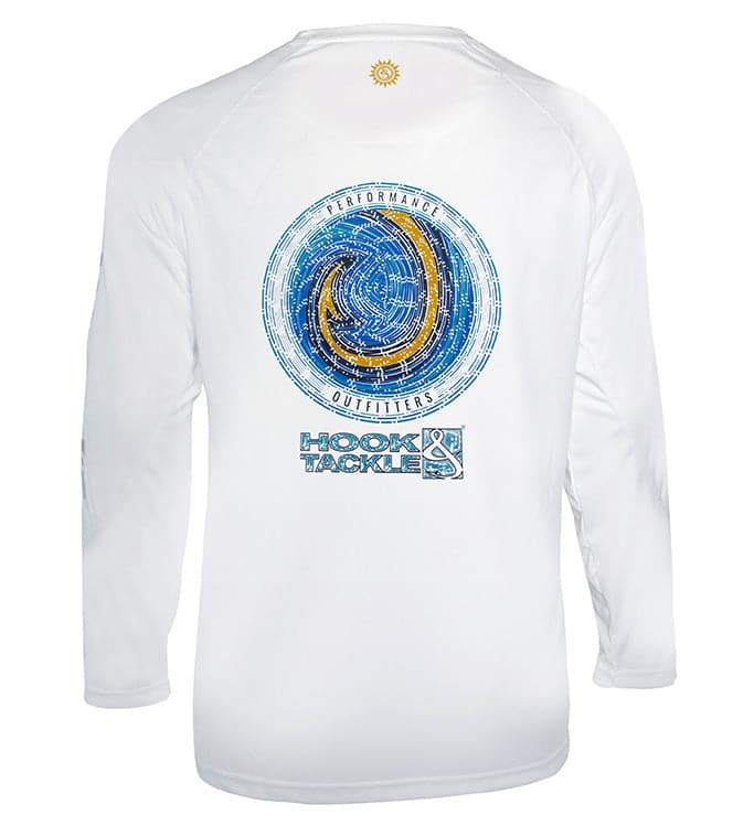 Back view of a man wearing a white long sleeve performance fishing shirt with a circular fish hook graphic on the back.