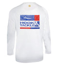 Back view of a white Men's Marlin Groove long sleeve fishing shirt with a graphic print featuring a marlin and the brand logo.